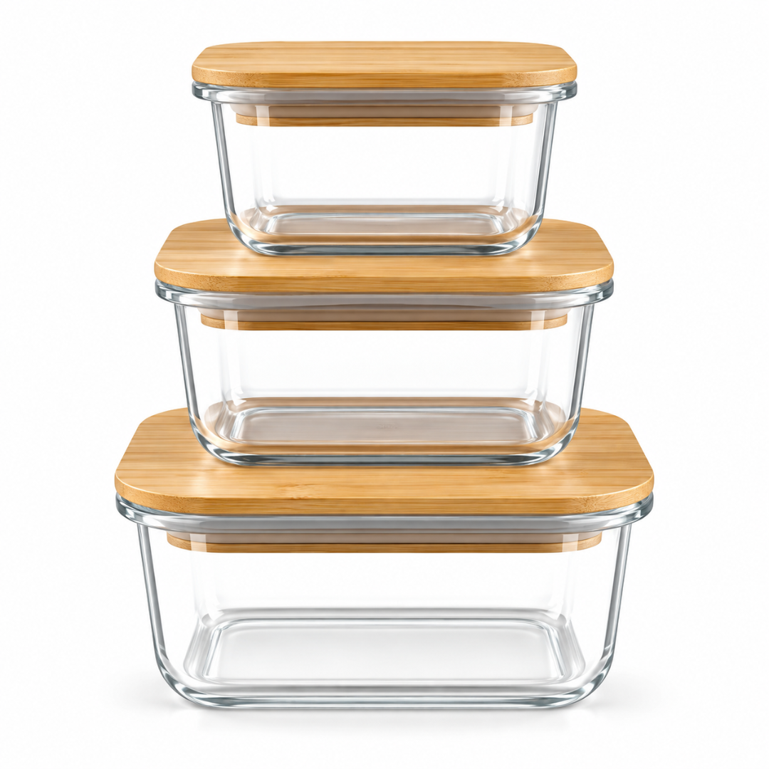 Set x 3 Hermetico Vidrio Tapa Bamboo San Remo